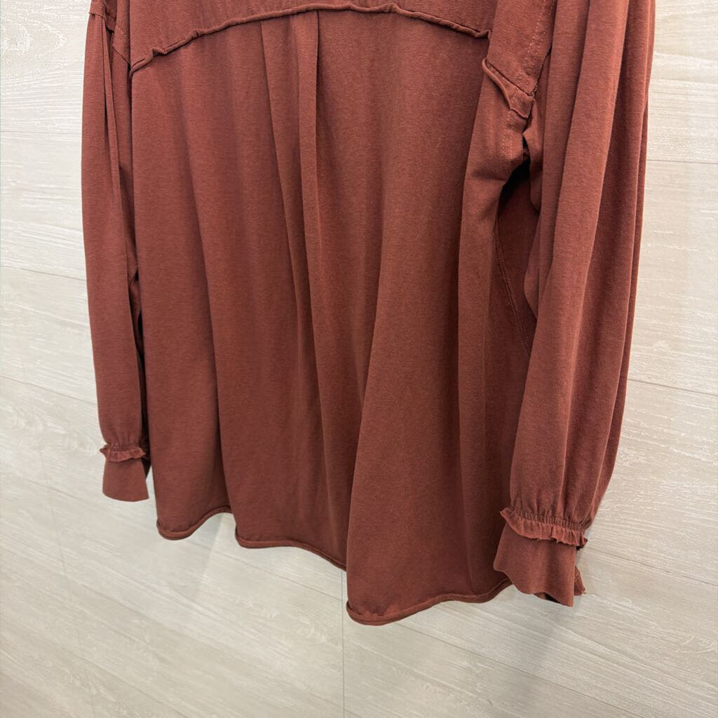Easel Burgundy Long Sleeve Button Front Top 1X