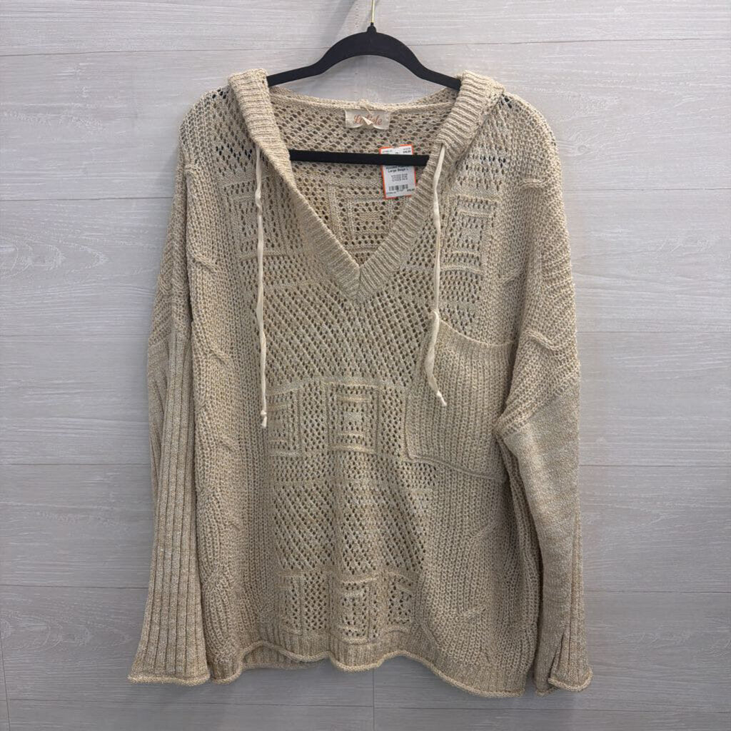 Listicle Beige Open Knit Long Sleeve Hooded Pullover Large