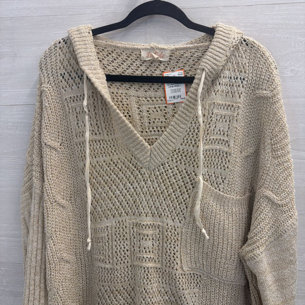 Listicle Beige Open Knit Long Sleeve Hooded Pullover Large