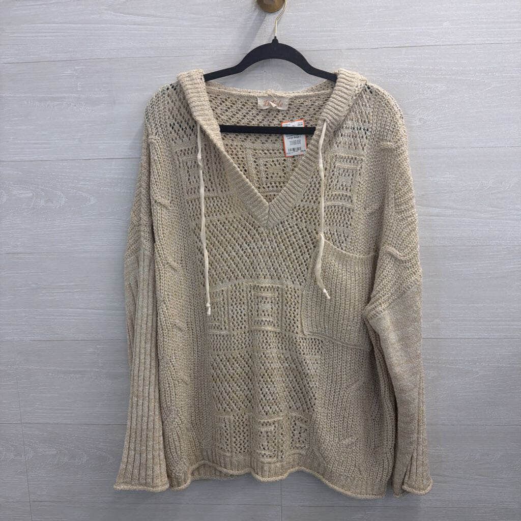 Listicle Beige Open Knit Long Sleeve Hooded Pullover Large