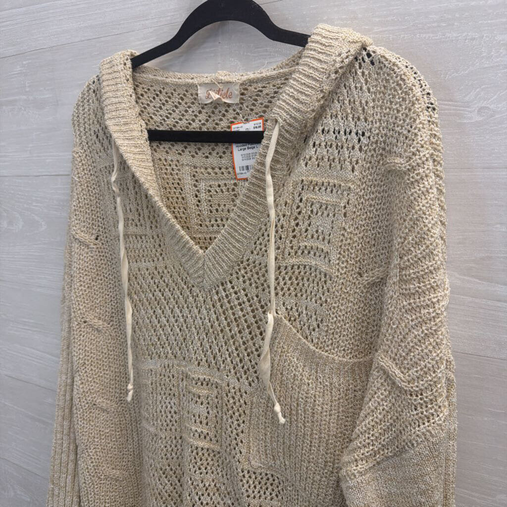 Listicle Beige Open Knit Long Sleeve Hooded Pullover Large