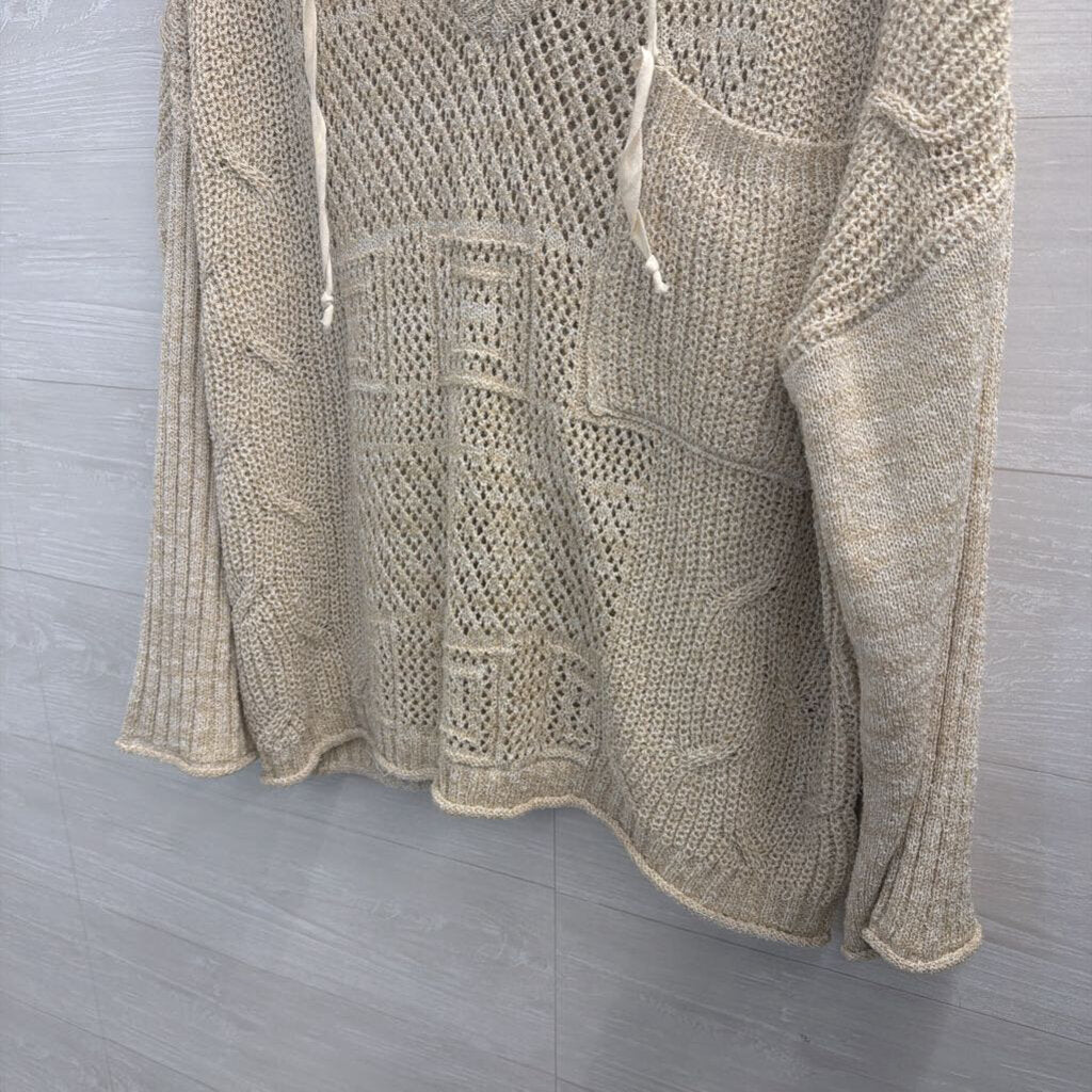 Listicle Beige Open Knit Long Sleeve Hooded Pullover Large