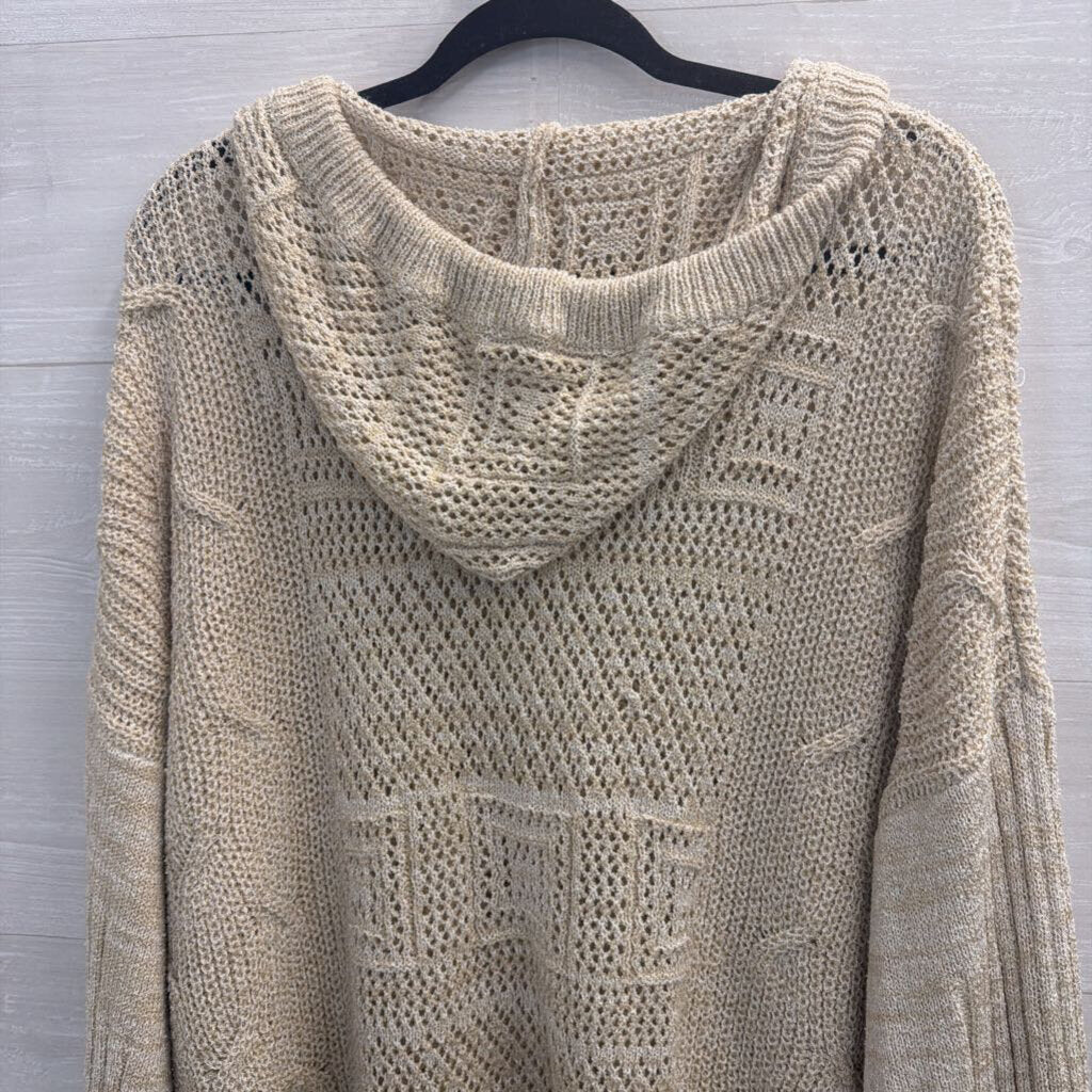 Listicle Beige Open Knit Long Sleeve Hooded Pullover Large