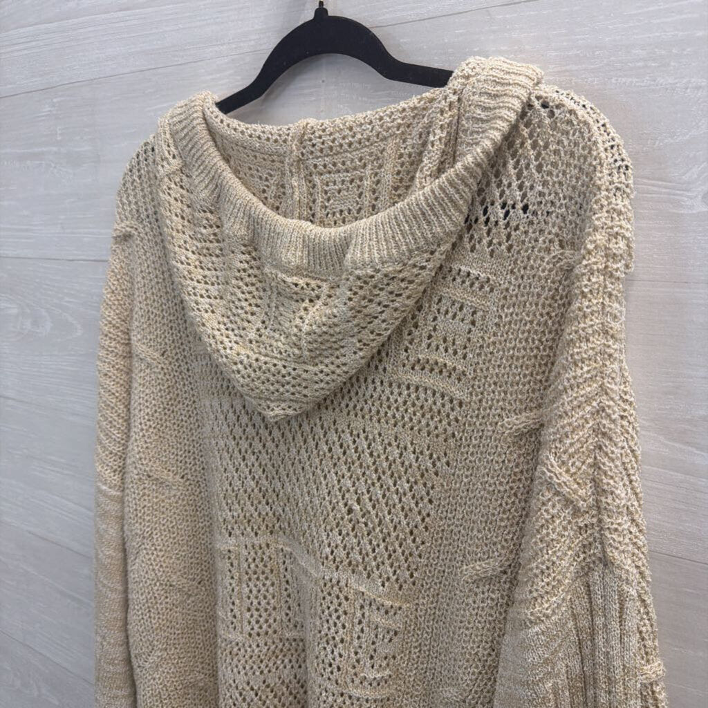 Listicle Beige Open Knit Long Sleeve Hooded Pullover Large