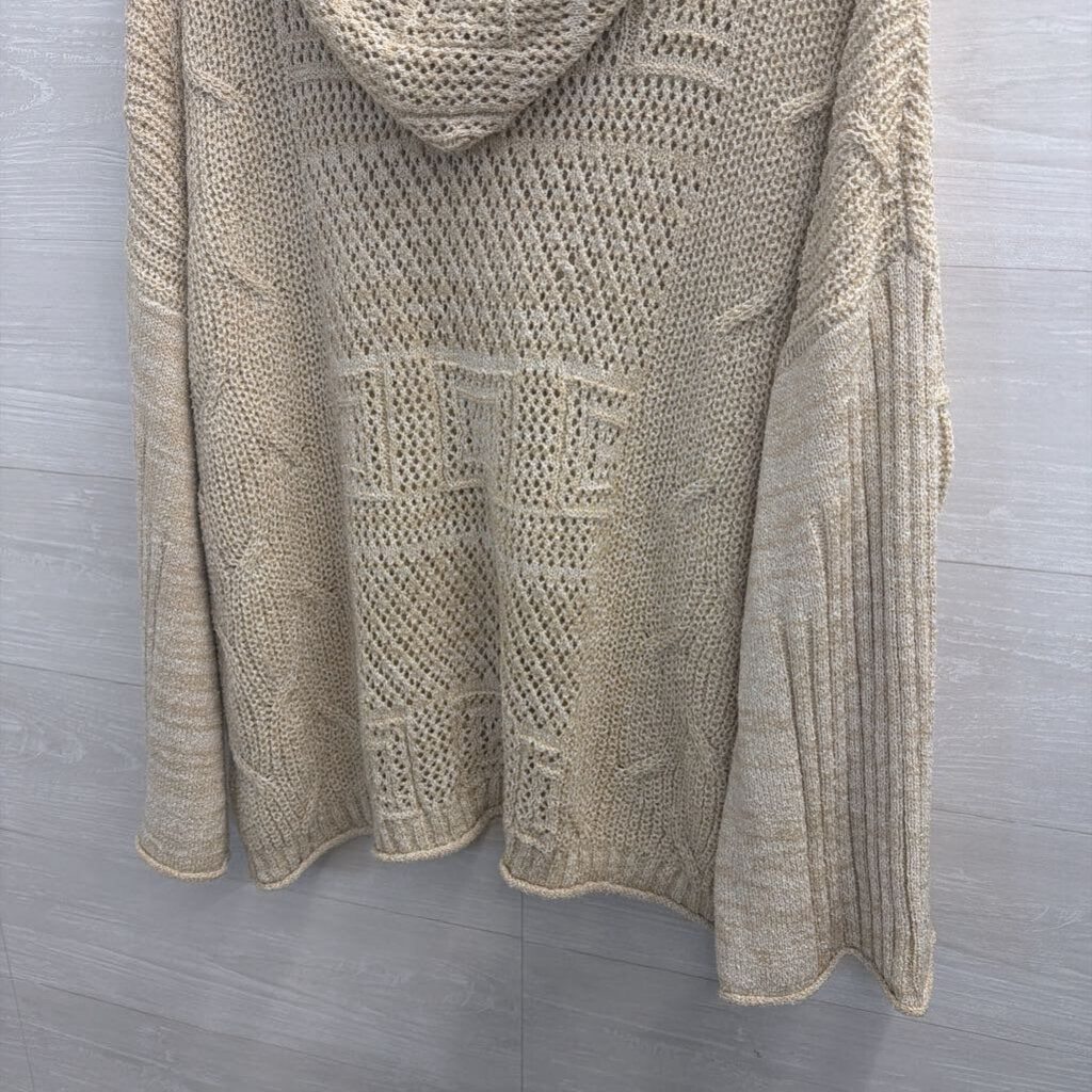 Listicle Beige Open Knit Long Sleeve Hooded Pullover Large