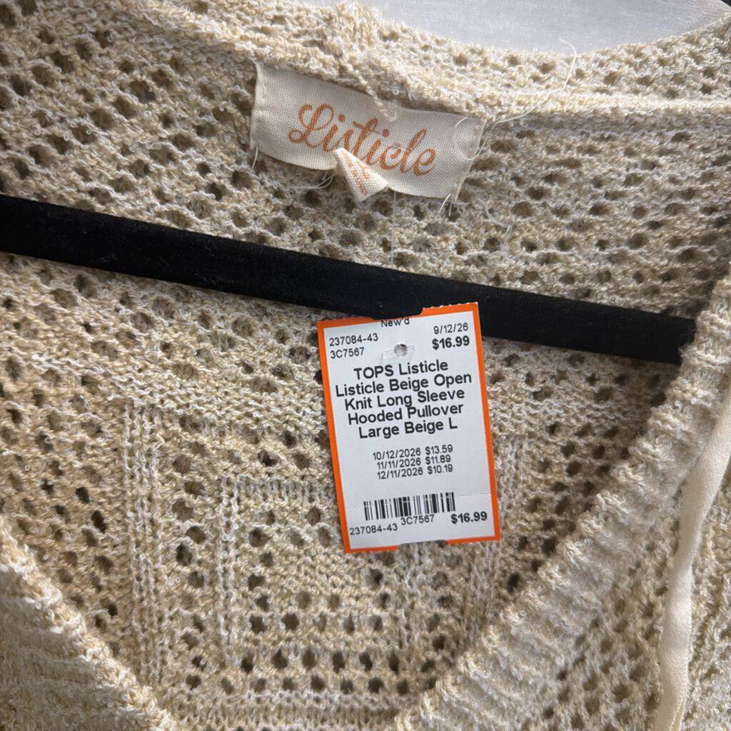 Listicle Beige Open Knit Long Sleeve Hooded Pullover Large