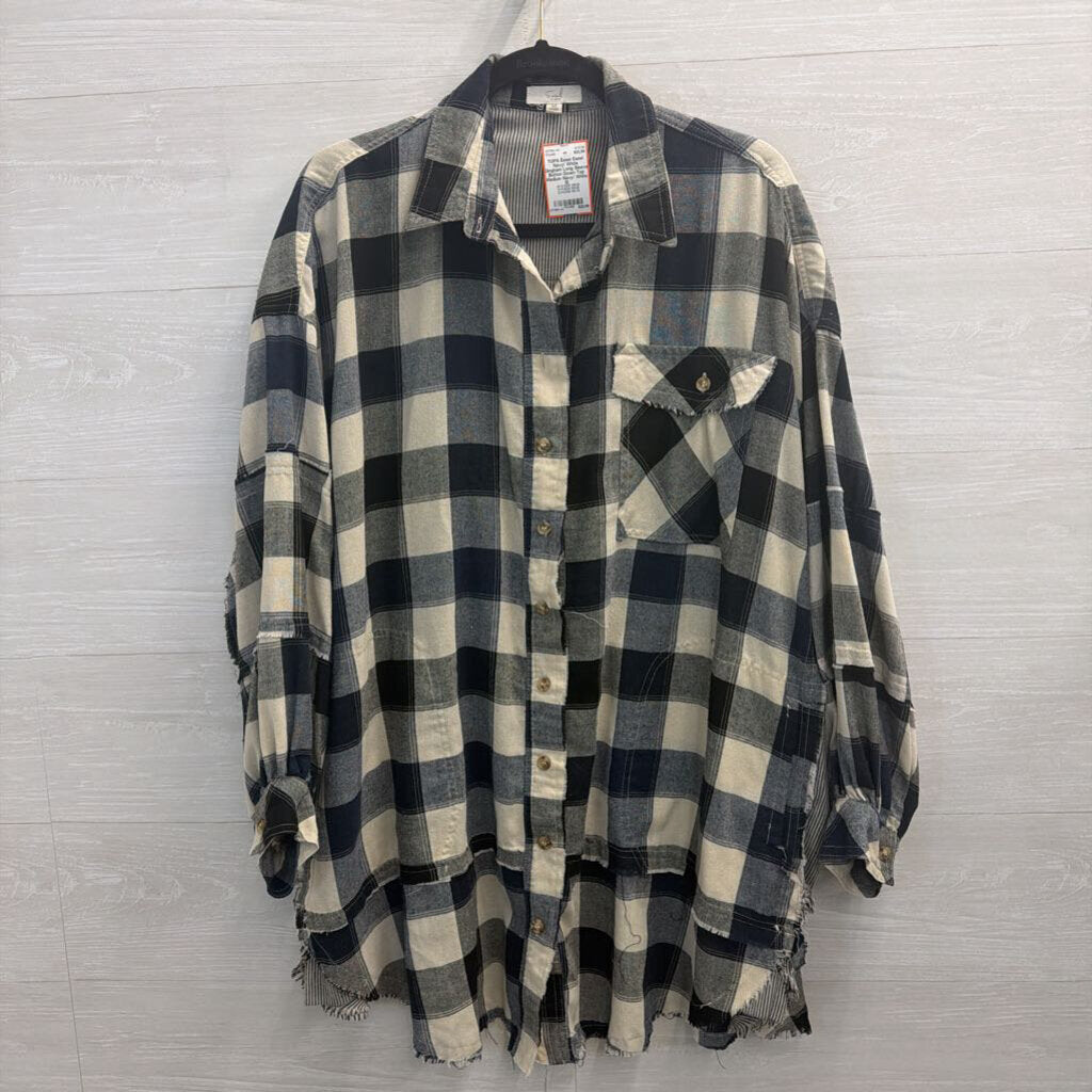 Easel Navy/ White Gingham Long Sleeve Button Down Top Medium