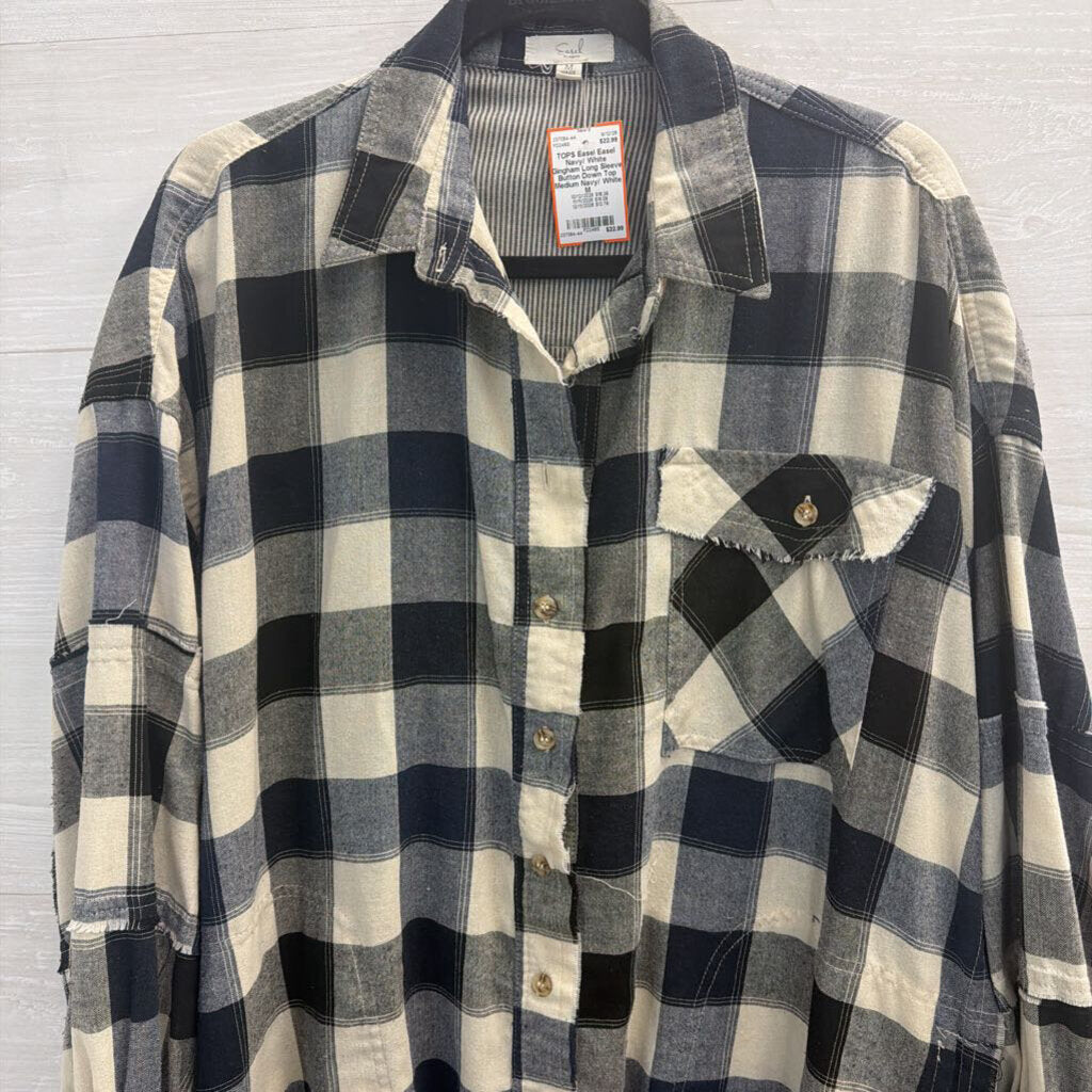 Easel Navy/ White Gingham Long Sleeve Button Down Top Medium