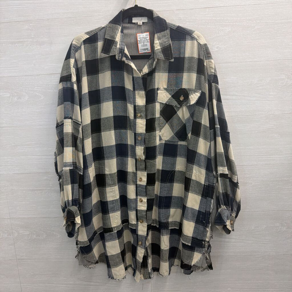 Easel Navy/ White Gingham Long Sleeve Button Down Top Medium
