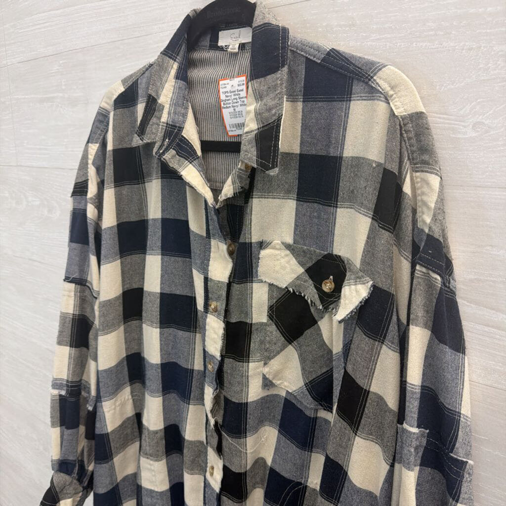 Easel Navy/ White Gingham Long Sleeve Button Down Top Medium