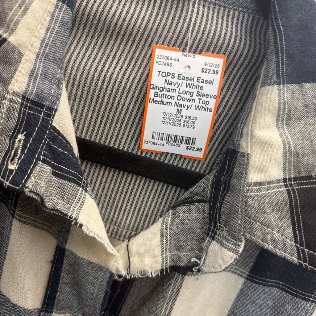 Easel Navy/ White Gingham Long Sleeve Button Down Top Medium