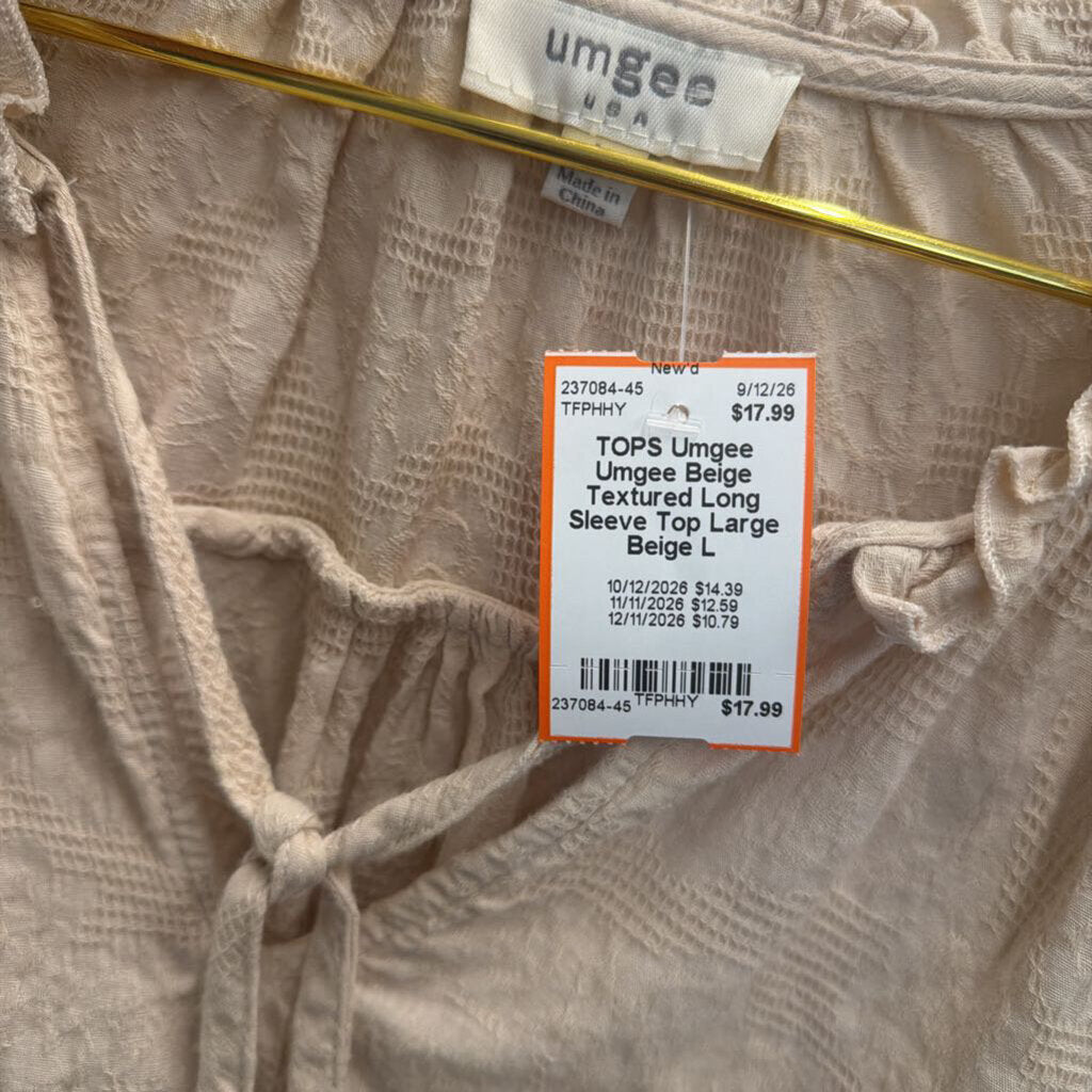 Umgee Beige Textured Long Sleeve Top Large