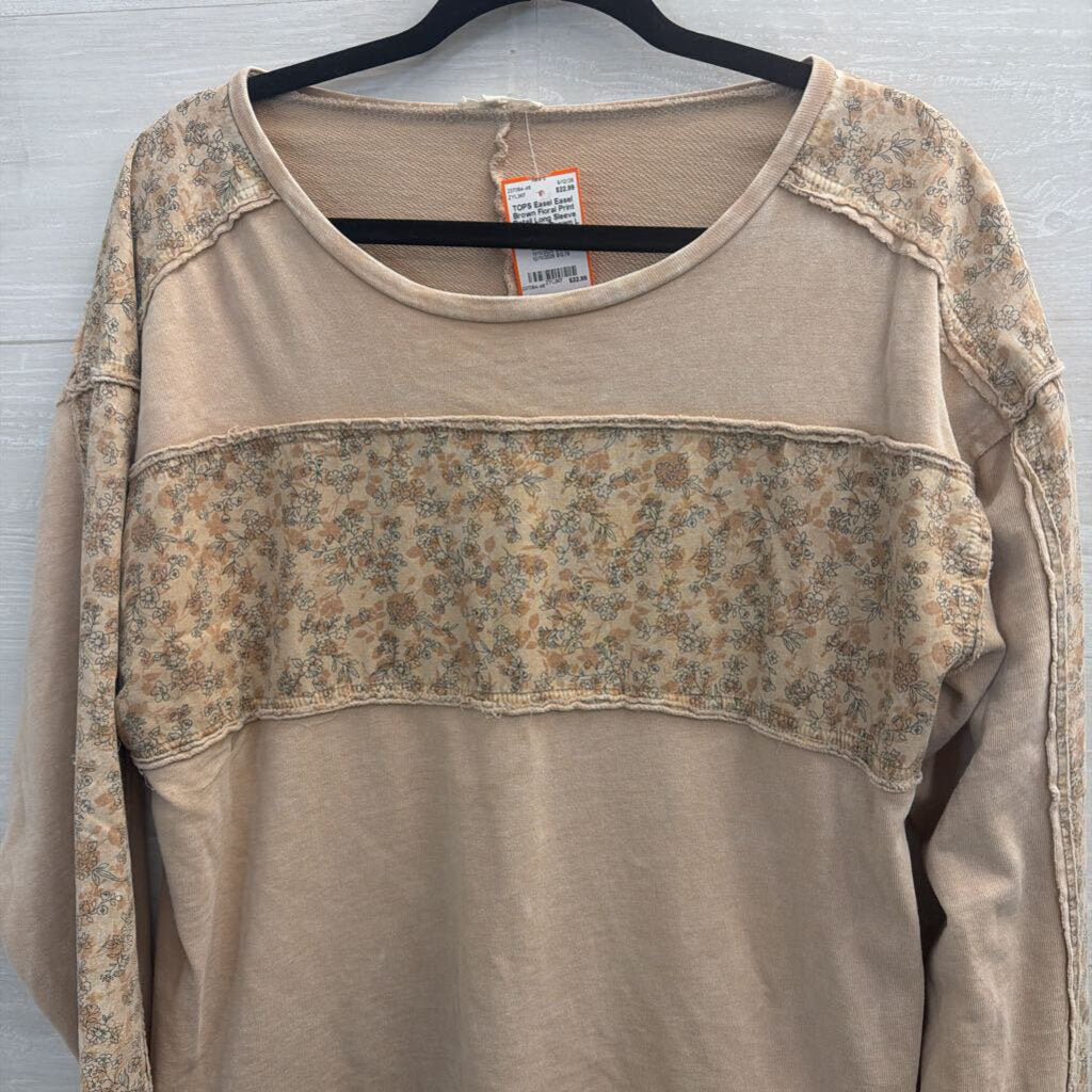 Easel Brown Floral Print Detail Long Sleeve Top Large