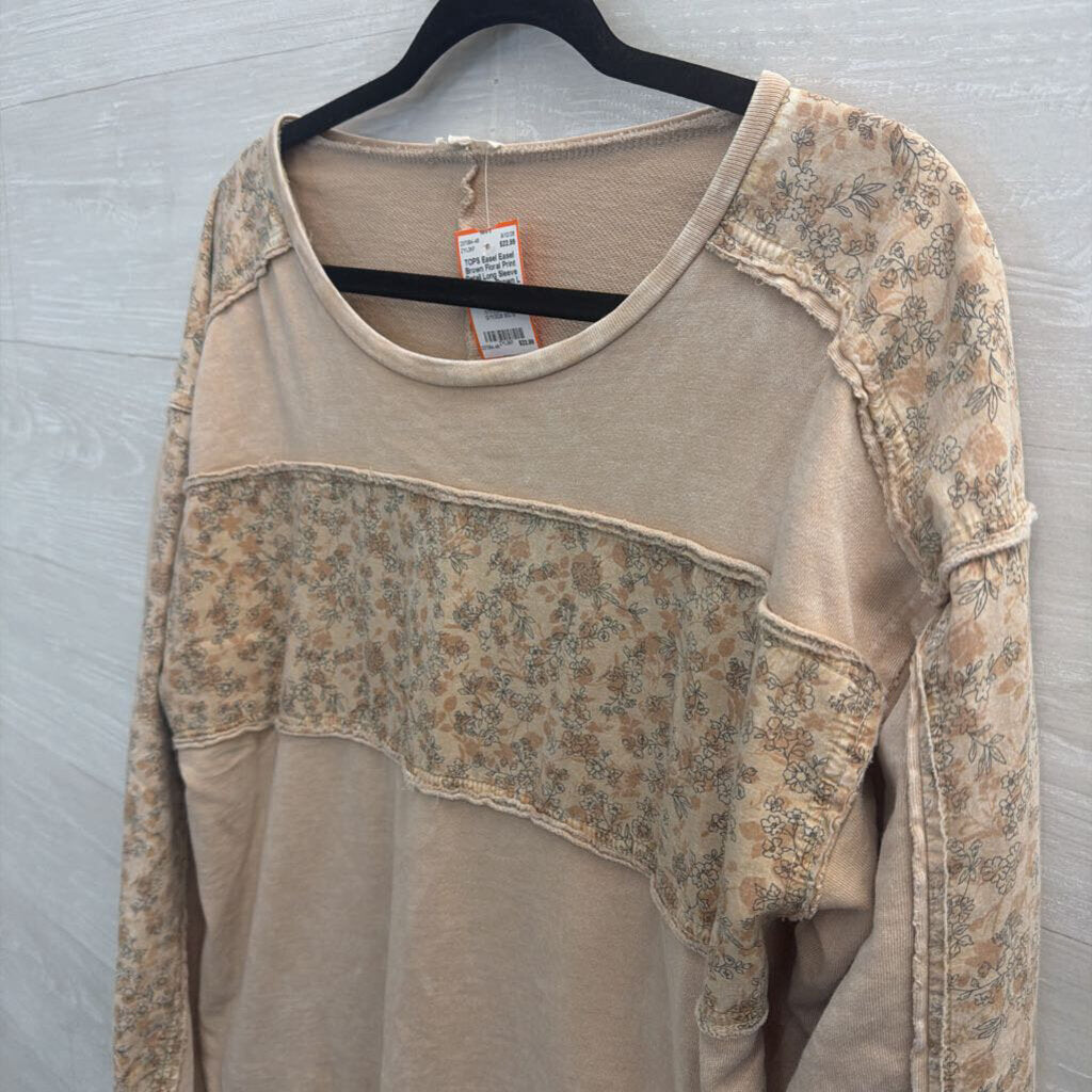 Easel Brown Floral Print Detail Long Sleeve Top Large