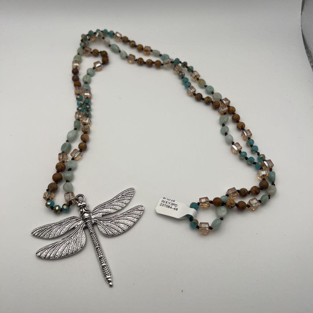 Silver/ Brown Beaded Dragonfly Pendant Long Necklace