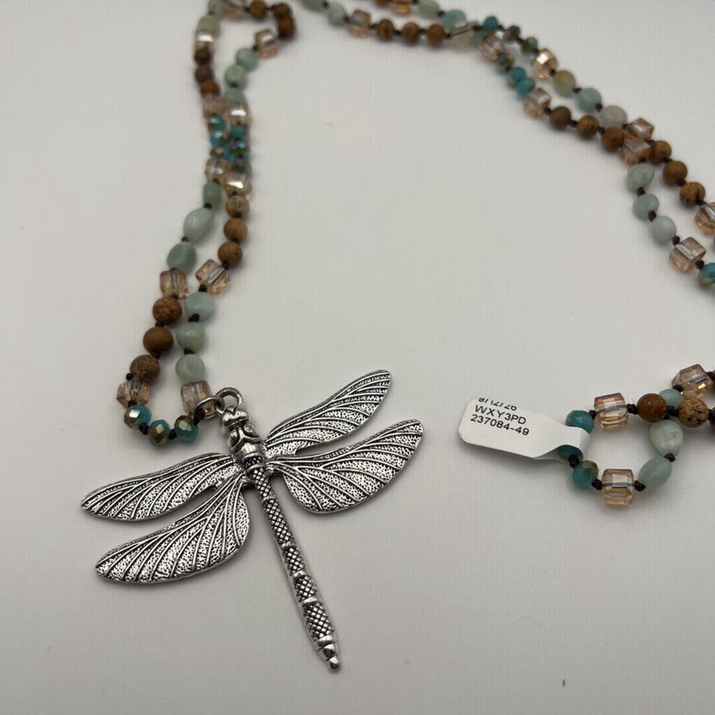 Silver/ Brown Beaded Dragonfly Pendant Long Necklace