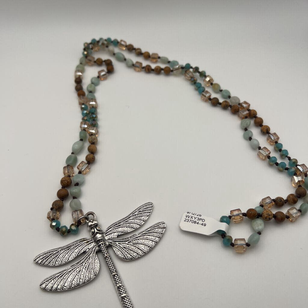 Silver/ Brown Beaded Dragonfly Pendant Long Necklace