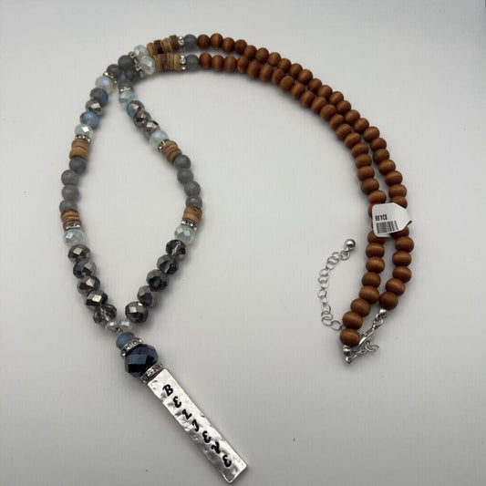 Silver/ Brown Beaded Believe Pendant Long Necklace