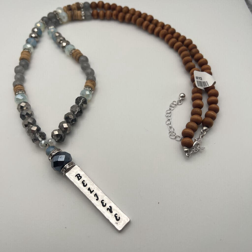 Silver/ Brown Beaded Believe Pendant Long Necklace