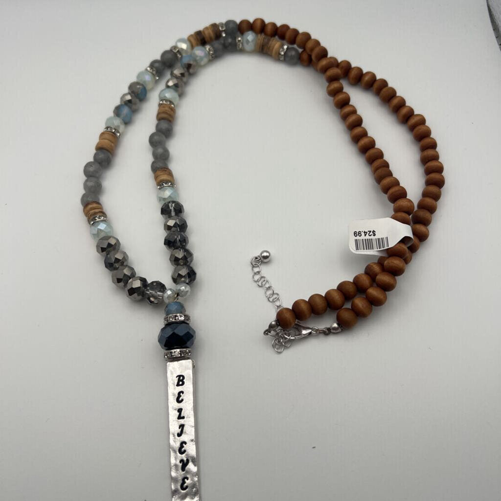 Silver/ Brown Beaded Believe Pendant Long Necklace