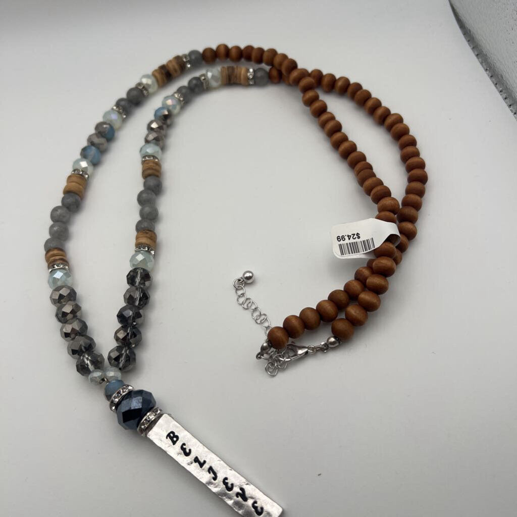 Silver/ Brown Beaded Believe Pendant Long Necklace