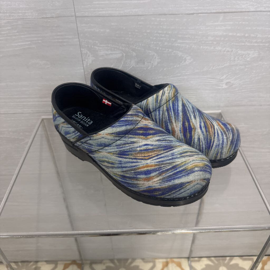 Sanita Vegan Blue Watercolor Marbled Print Clogs 38
