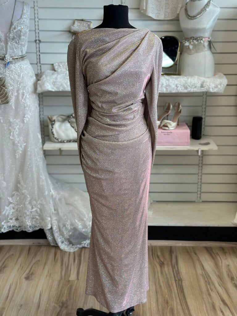 Betsy and Adam Rose Pink Shimmer Galaxy Glitter Draped Long Formal Dress 14 Petite