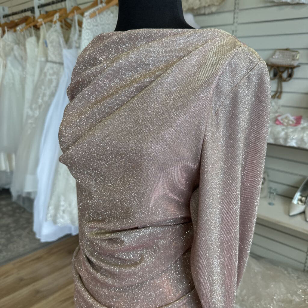 Betsy and Adam Rose Pink Shimmer Galaxy Glitter Draped Long Formal Dress 14 Petite