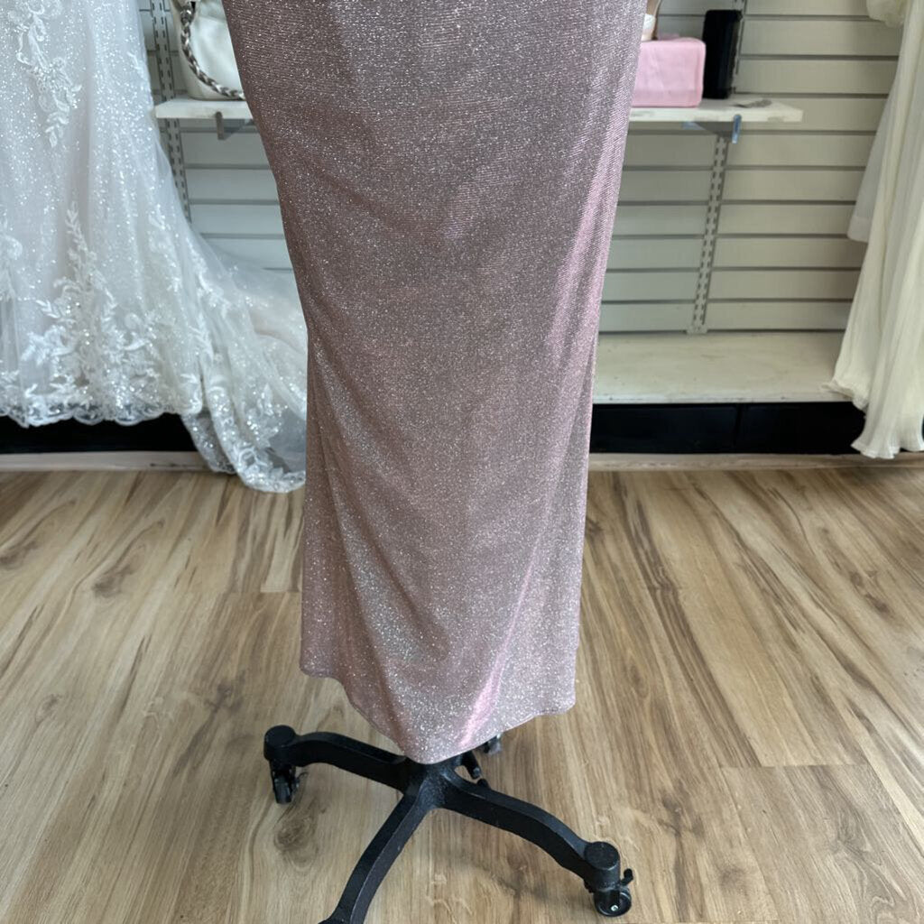 Betsy and Adam Rose Pink Shimmer Galaxy Glitter Draped Long Formal Dress 14 Petite