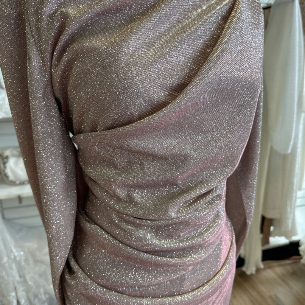 Betsy and Adam Rose Pink Shimmer Galaxy Glitter Draped Long Formal Dress 14 Petite