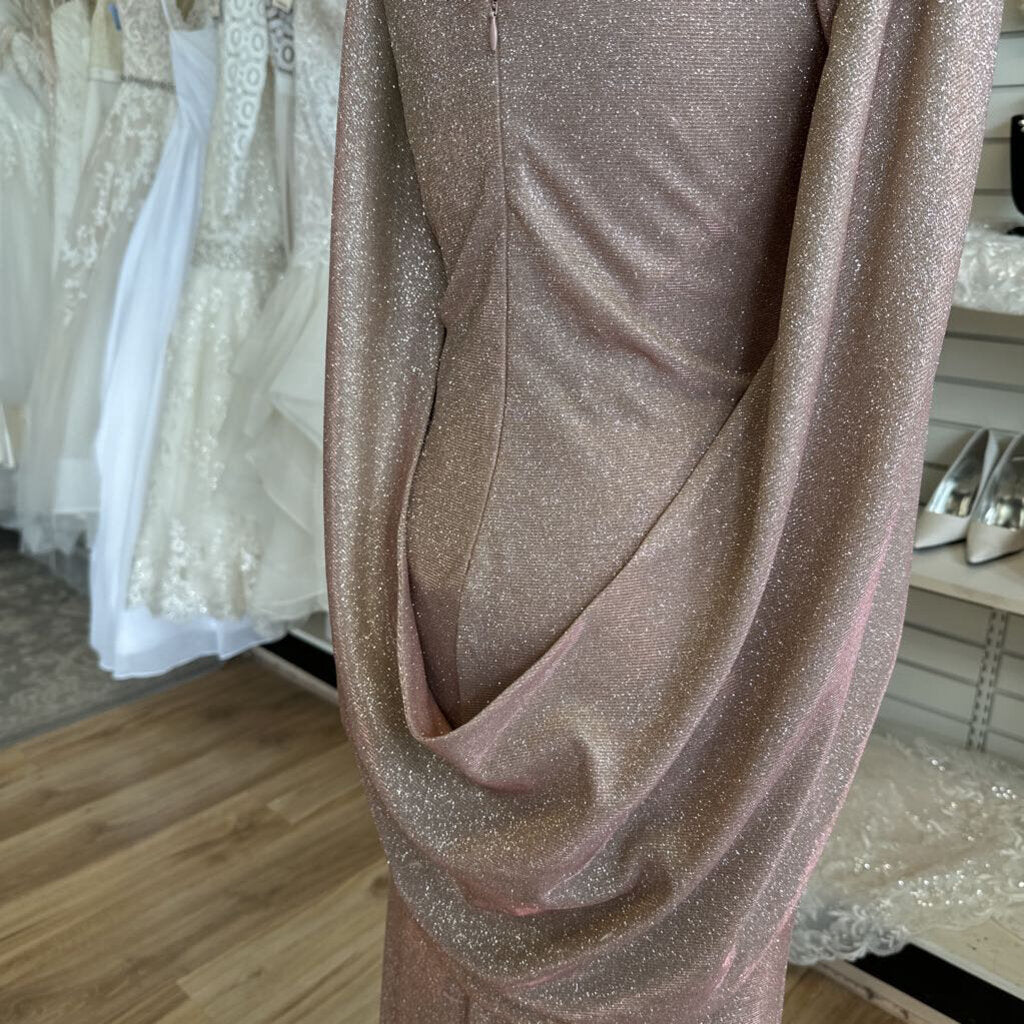 Betsy and Adam Rose Pink Shimmer Galaxy Glitter Draped Long Formal Dress 14 Petite