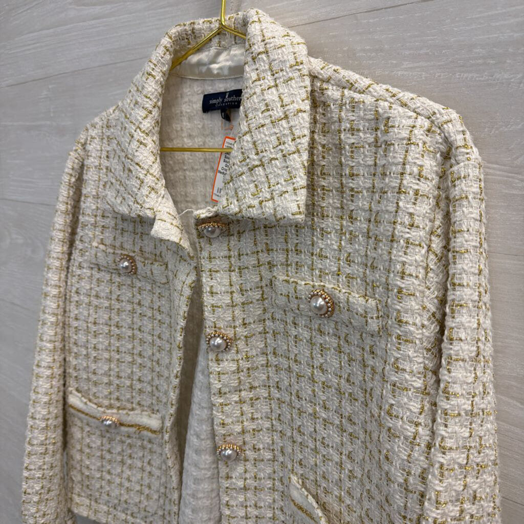 Simply Southern White/ Gold Tweed Cropped Jacket Medium