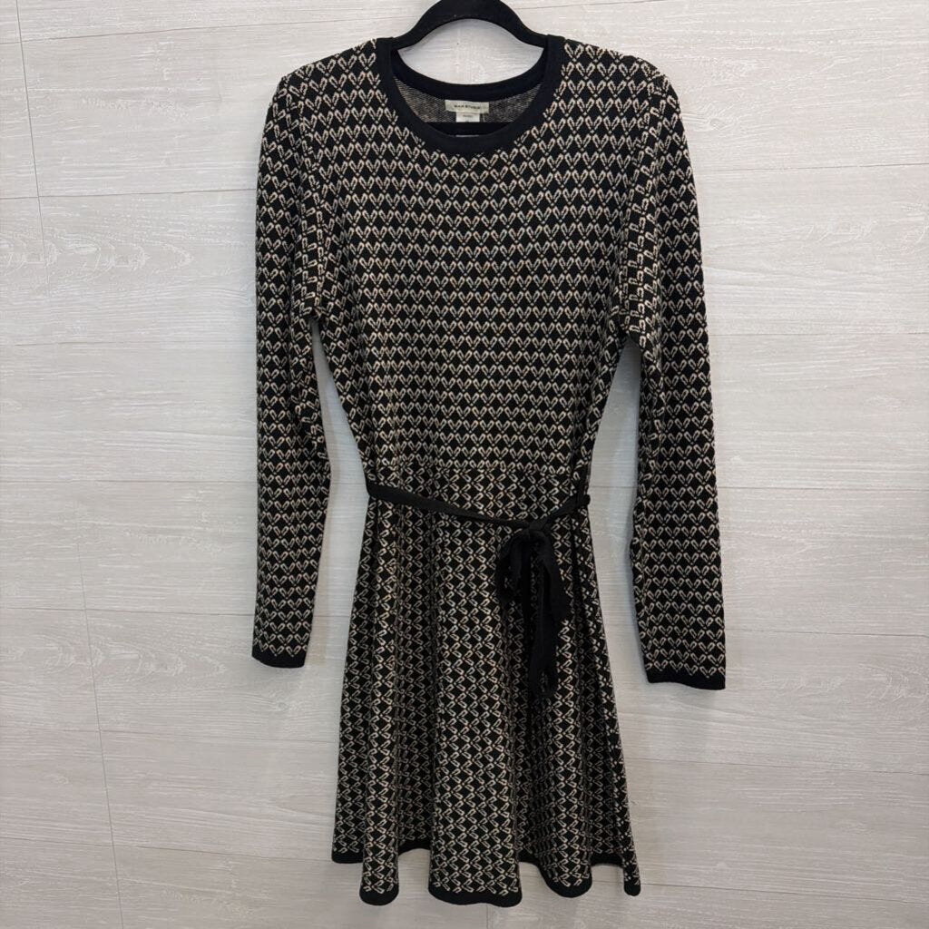 Max Studio Black/ Beige Print Knit Long Sleeve Tie Waist Dress Medium