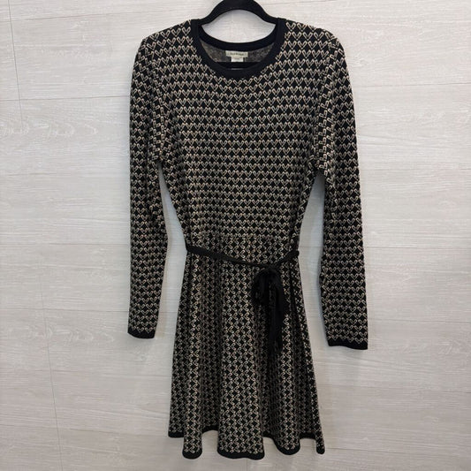 Max Studio Black/ Beige Print Knit Long Sleeve Tie Waist Dress Medium