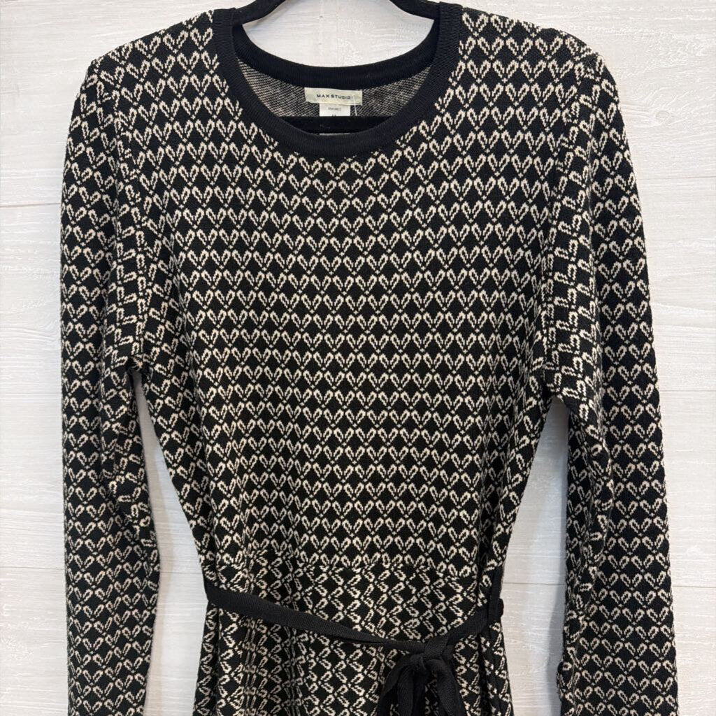Max Studio Black/ Beige Print Knit Long Sleeve Tie Waist Dress Medium