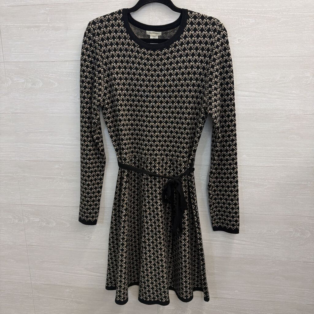 Max Studio Black/ Beige Print Knit Long Sleeve Tie Waist Dress Medium