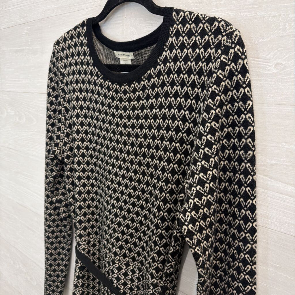 Max Studio Black/ Beige Print Knit Long Sleeve Tie Waist Dress Medium