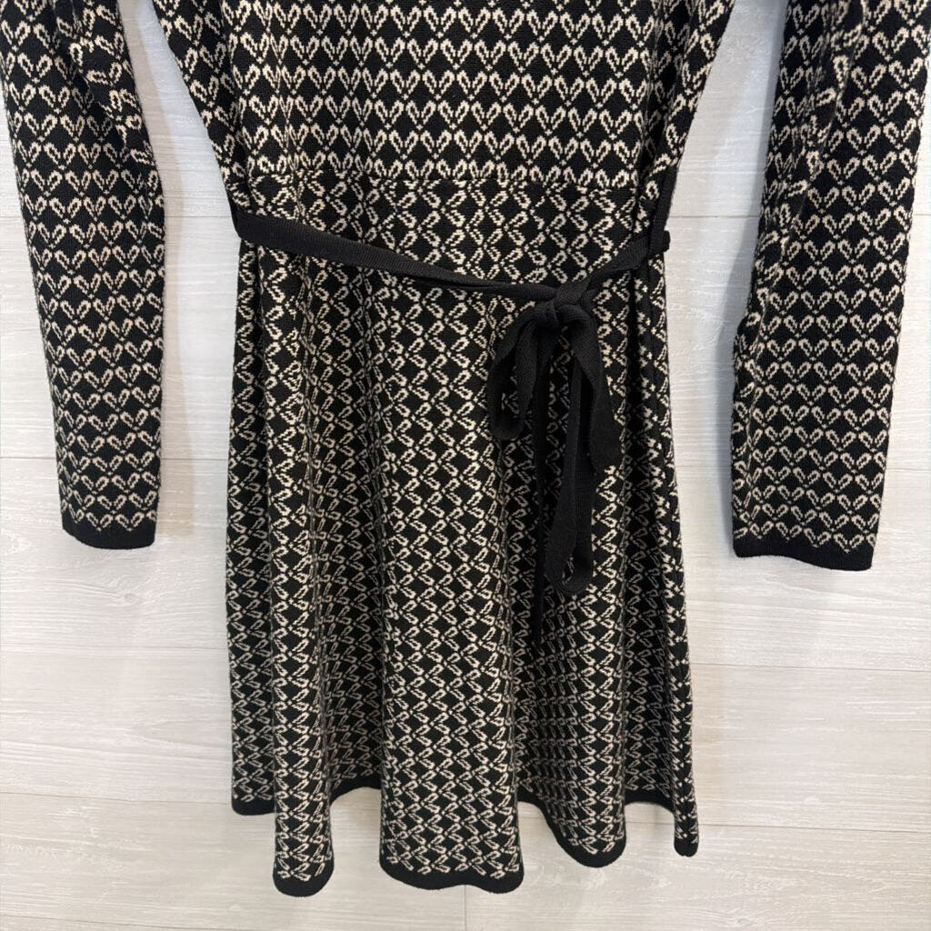 Max Studio Black/ Beige Print Knit Long Sleeve Tie Waist Dress Medium