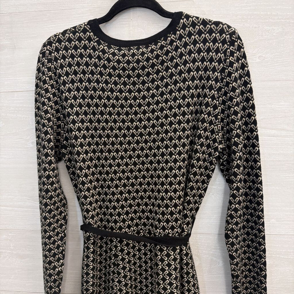 Max Studio Black/ Beige Print Knit Long Sleeve Tie Waist Dress Medium