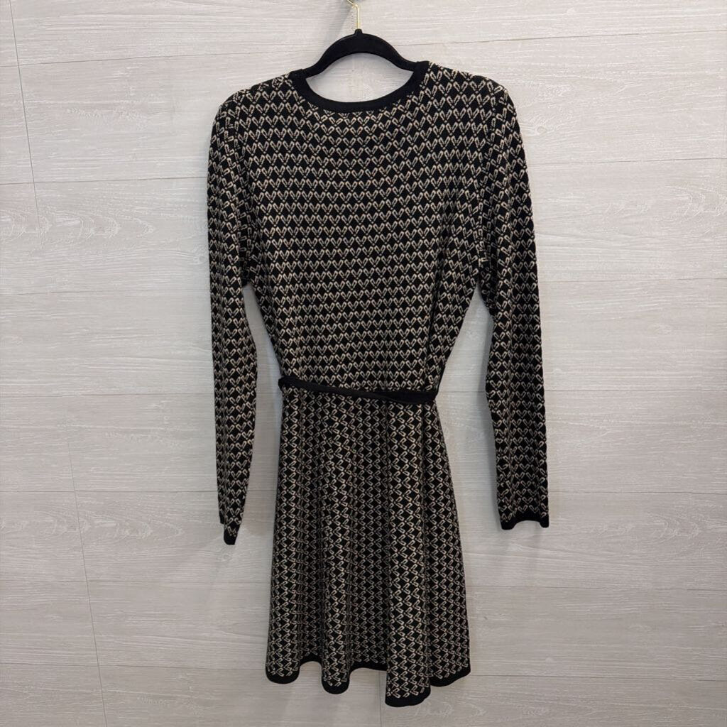 Max Studio Black/ Beige Print Knit Long Sleeve Tie Waist Dress Medium