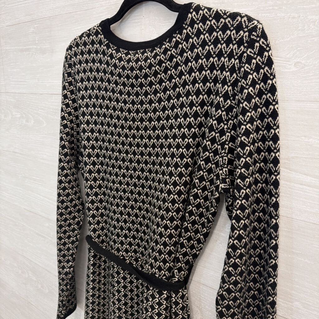 Max Studio Black/ Beige Print Knit Long Sleeve Tie Waist Dress Medium