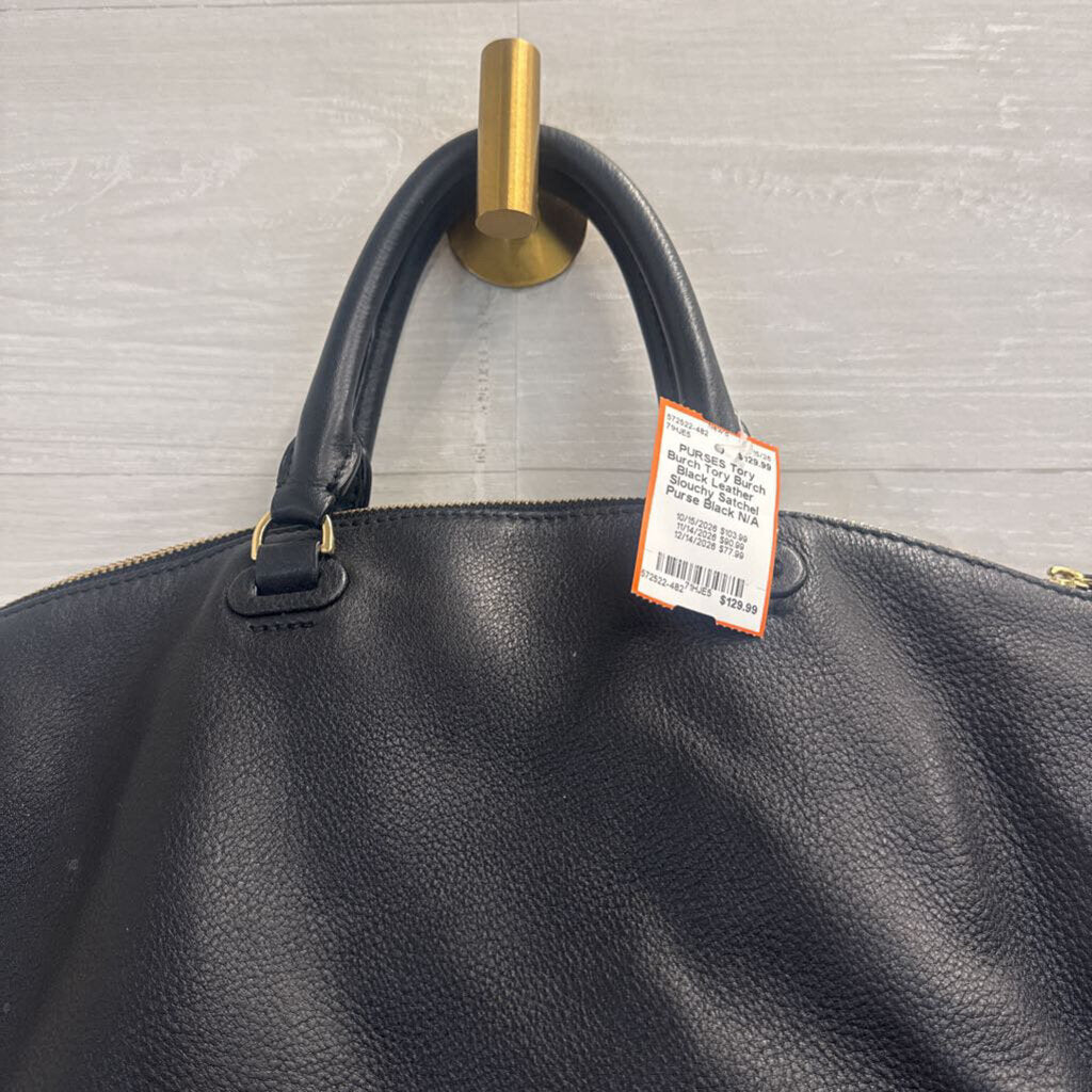 Tory Burch Black Leather Slouchy Satchel Purse