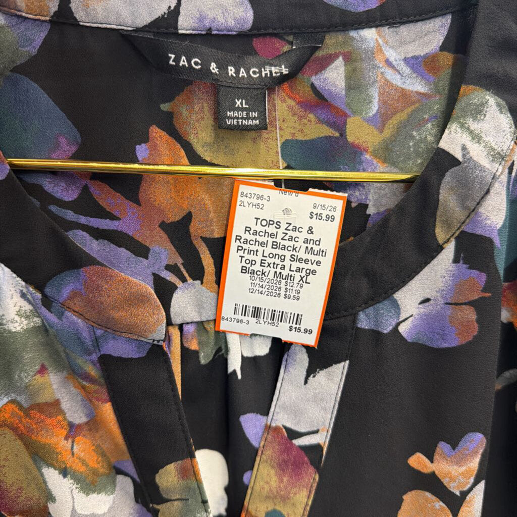 Zac and Rachel Black/ Multi Print Long Sleeve Top Extra Large