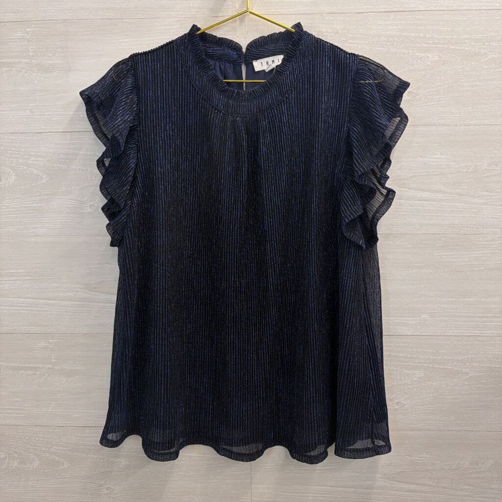 THML Metallic Navy Ruffle Short Sleeve Top Extra Large