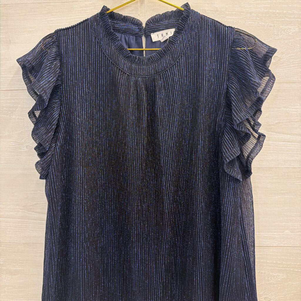 THML Metallic Navy Ruffle Short Sleeve Top Extra Large