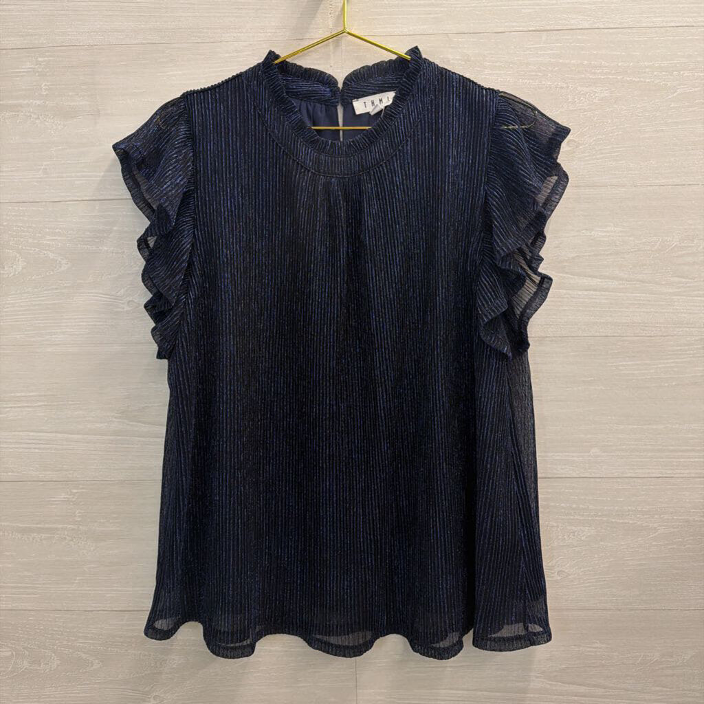 THML Metallic Navy Ruffle Short Sleeve Top Extra Large
