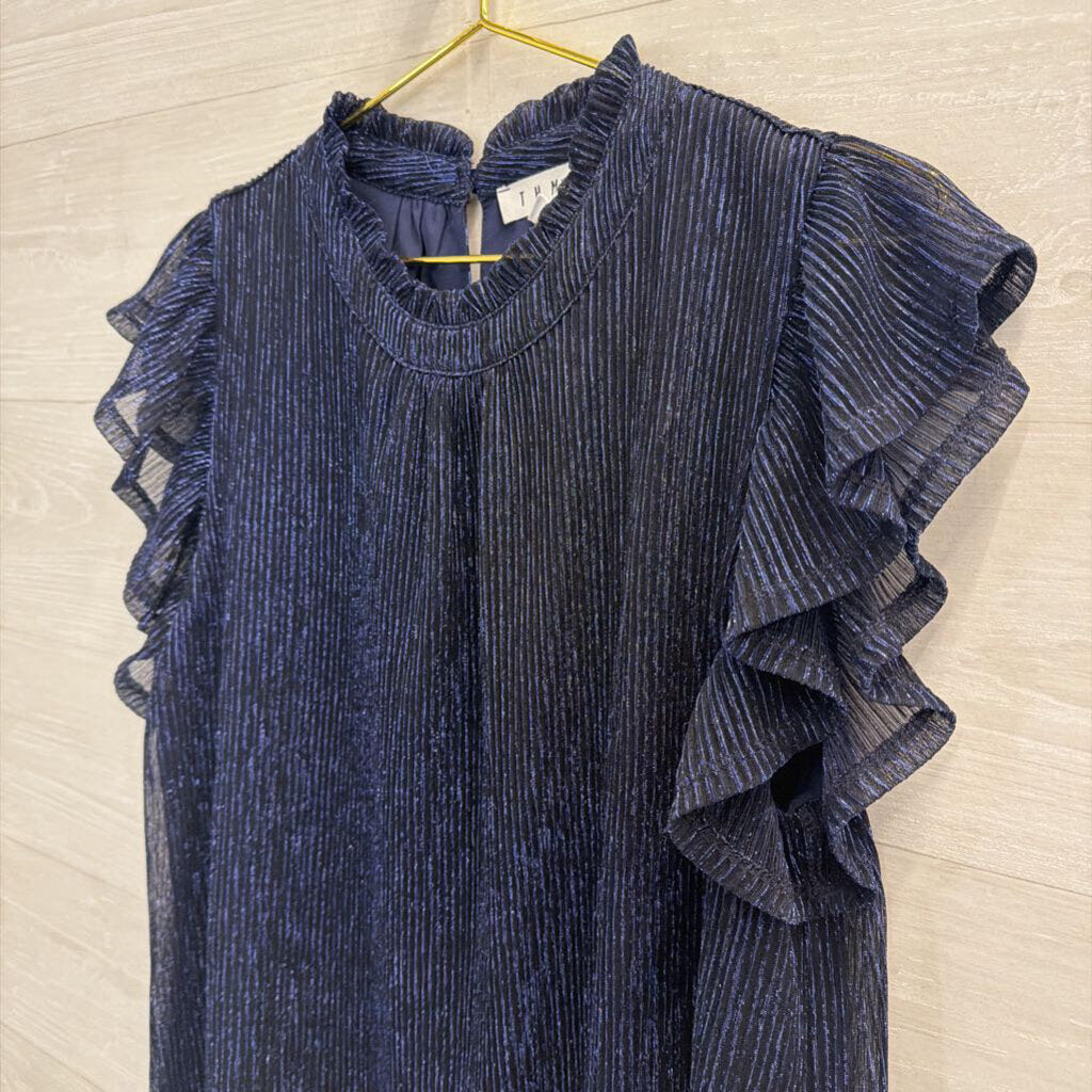 THML Metallic Navy Ruffle Short Sleeve Top Extra Large