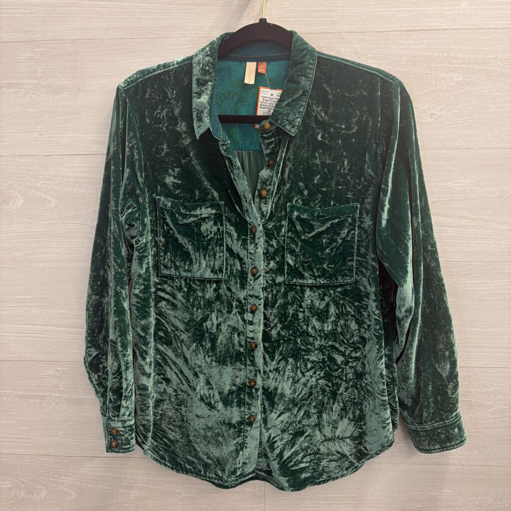 Pilcro Green Crushed Velvet Long Sleeve Button Down Top Small Petite