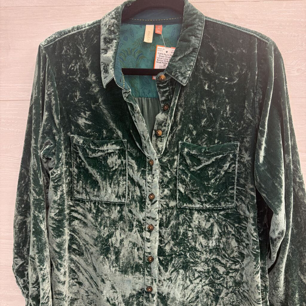 Pilcro Green Crushed Velvet Long Sleeve Button Down Top Small Petite