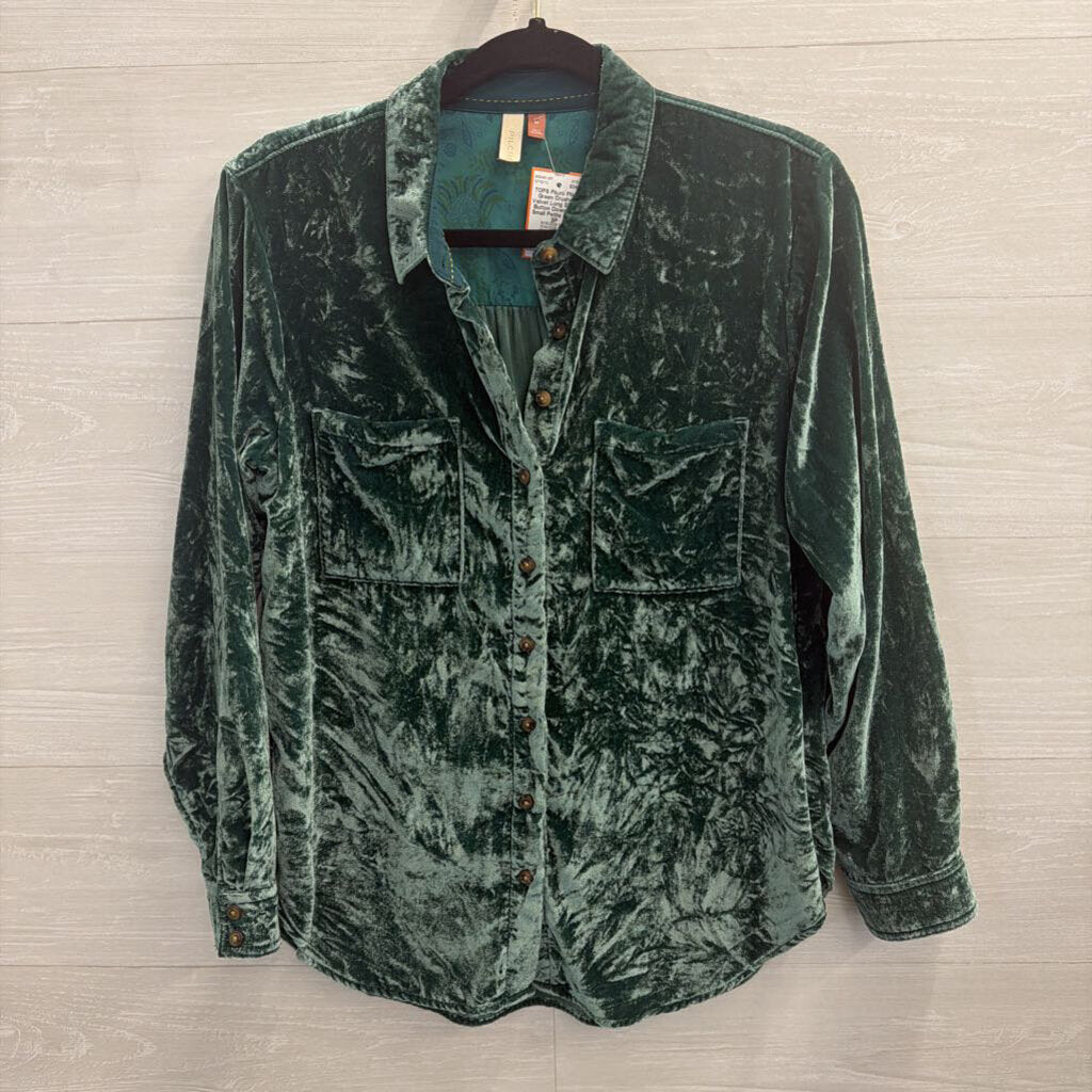 Pilcro Green Crushed Velvet Long Sleeve Button Down Top Small Petite